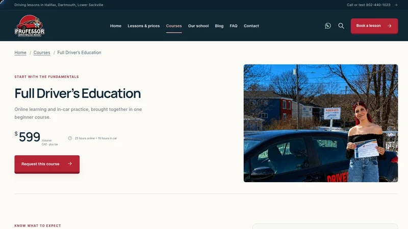 Professor Driving School driver education course page, a driving school website design project by BHP Solution