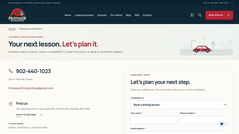 Professor Driving School lesson request page, a driving school website design project by BHP Solution