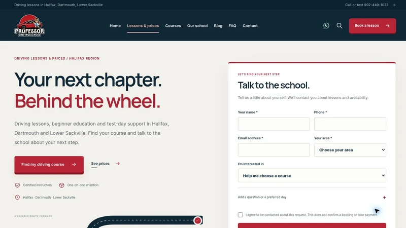 Professor Driving School lessons and prices page, a driving school website design project by BHP Solution